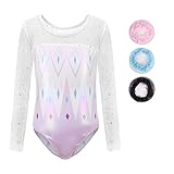 Sinoeem Leotardos de Gimnasia Rítmica para Niños Maillot de Ballet con Gradiente Flash Cuello Redondo Manga Larga/Manga Corta para Niñas de 3-12 Años (Tag 10A(9-10 Years), Purple-Long)