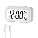 Jsdoin Reloj Despertador Digital, LED Pantalla Reloj Alarma Inteligente con Temperatura, Sensor de Brillo, 12/24 Horas, Función Snooze y Alarma para Dormitorio, Hogar, Oficina, Cocina(Recargable)