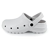 JOMIX Zuecos Sanitarios Mujer Hombre Trabajo Hospital Zapatillas Hombre Mujer Jardín Cocina Ligeros Zuecos Unisexo Hogar Goma Eva Fabricadas en Europa, Blanco, 36-37 EU