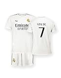 Real Madrid - Conjunto Camiseta y Pantalón Primera Equipación Temporada 24/25, Vini Jr., Niños 12 Años, Replica con Licencia Oficial