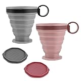 2 Piezas Tazas Plegables de Silicona, Sin BPA, Taza de Viaje Plegable, 220ml Vaso Plegable con Tapa, Tazas de campamento portátiles para Exterior Senderismo Picnic Deportes (Gris Rosa)