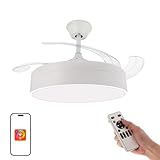 M Ledme - Ventilador de Techo con luz Led Messe 72W Blanco, Mando a Distancia, Bajo consumo, motor DC, 6 velocidades, Silencioso ,4 Aspas desplegables, función verano-invierno, temporizador