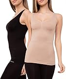 Pack de 2 Camisetas Interiores Reductoras con Tirantes Anchos sin Relleno Cómodas y Elásticas Seamless Sin Costuras (Beige Negro, M/L)