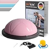 DH FitLife Balón de equilibrio, yoga, entrenador de equilibrio de 60 x 22 cm hasta 200 kg, media pelota de gimnasia, tabla de equilibrio con bomba y 2 bandas de fitness (rosa)