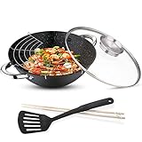 RENBERG Wasabi Wok | Sartén Wok con Revestimiento de Mármol y Tapa de Vidrio | Múltiples Funcionalidades y Accesorios | Wok de Hierro Fundido | Compatible con Cocinas de Inducción 28x40x12 cm