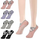 flintronic 4 Par Calcetines Pilates Yoga, Pilates Calcetines Antideslizantes Mujer pour Yoga, Fitness Antideslizantes Calcetines, para Pilates, Fitness- Negro + Gris + Rosa + Púrpura