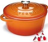 Overmont Olla de Hierro Fundido - Antiadherente Cacerola Holandesa de Esmaltado con Tapa - Ø26 CM Redonda Cacerola Holandesa para Cocinas de Inducción - Naranja