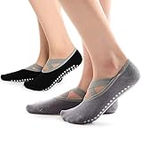 Hually Calcetines Pilates Yoga, 2 Pares Calcetines Antideslizantes Mujer, con Asas y Correas, Barra, Ballet,Fitness Antideslizantes Calcetines(Negro/Gris)