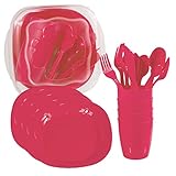 Set Vajilla Picnic para 4 Personas - Kit Camping con Juego de Platos, Cubiertos y Vasos Menaje (Rojo)