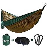 Glymnis Hamaca Ultraligera para Camping y Viaje de Nylon 300kg de Capacidad de Carga Ranspirable y Secado Rápido 275x140cm Kit de Hamaca de Tela 210T Verde y Marrón