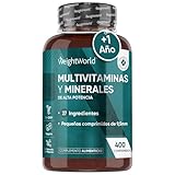 Multivitaminas Hombre y Mujer con Minerales - 400 Comprimidos | 27 Vitaminas y Minerales - Vitamina C, Vitamina B, D, E, Magnesio, Zinc, Calcio, Hierro y Más | Para +1 de Año, Sabor Menta y Vegano