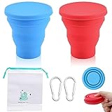 ZOCONE Vaso Plegable Silicona, 2 Piezas, Taza con Tapa Reutilizable, Mosquetón y Bolsa Copa de Viaje para Camping Deportes