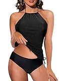 Rayson Mujer Tankini 2 Piezas con Cordón Ropa de baño Push up Set Cabestro Tankini Traje de baño Verano Beachwear(Negro,L)