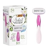 BIC Soleil Escape Maquinillas para Mujer Rosa y Magnolia con 5 Hojas y Banda Hidratante con Aceite de Almendras - Caja de 3