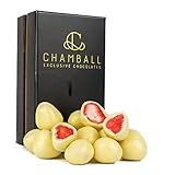 Caja Chamball Strawberries/Fresas seleccionadas bañadas en chocolate blanco belga. Atrévete a maridarlo con un vino blanco seco, con cava o champagne.