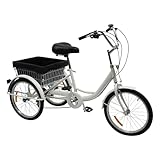 HUSPOO Triciclo adulto de 20 pulgadas, bicicleta de 3 ruedas 8 velocidades con cesta de la compra triciclo y cesta de verduras luz triciclo bicicleta para recreación compras transporte (blanco)