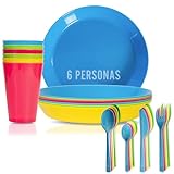 Mypicompany. Pack de 6 Platos Plastico Duro Reutilizables+6 Vasos+Cubiertos camping para 6 personas. Aptos para Microondas y Lavavajillas. Accesorios Libre de BPA.