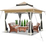 VOUNOT Carpa Plegable Gazebo 3.6x3.6m con Laterales de Malla, Cenador Pabellón Pop Up de Jardín Techo Doble y Bolsas de Arena, Protección UV, para Camping, Fiestas, Exterior, Beige