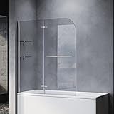 SONNI Mampara Bañera Plegable NANO 120 x 140 cm Cristal Templado 6mm Mamparas de Bañera Abatible 2 Hojas con Estantería y Toallero