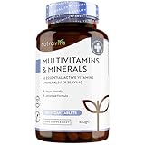 Multivitaminas y Minerales - 365 Comprimidos Veganos - Complejo Multivitaminico con 26 Esenciales Vitamina D3, C, A, B, E, Yodo, Selenio, Calcio, Hierro, Zinc - Hombre y Mujer - Nutravita