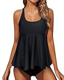 JFAN Bañadores Mujer 2 Piezas Tankini Cuello Redondo Conjunto de Bikini Top y Bottom Bañador Mujer Reductor Barriga Tallas Grandes Negro L