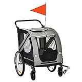 PawHut Remolque de Bicicleta para Perros 2 en 1 Carrito de Transporte para Mascotas con Puertas Enrollables Cinturón de Seguridad Bandera y 6 Reflectores Carga 30 kg 140x72,5x108 cm Gris