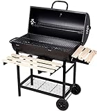 SunJas Barbacoas de Carbón Parrilla con Ruedas para Jardín Exterior BBQ con Soportes Facil Movimiento, con 2 Estantes de Madera Plegable para Almacenar Comidas, 101×70.5×94.5CM