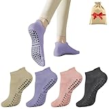 LEXGU®️ 4 Pares Calcetines Yoga y Pilates Mujer Antideslizantes + Bolsa Almacenamiento |Talla única (35-41) (Verde, Púrpura, Rosa, Gris Oscuro)