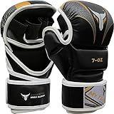 Mytra Fusion Guantes MMA con Palma Abierta y muñequera Ajustable, guantillas MMA para sparring, Grappling, Cage Fighting, Deportes de Combate, Saco de Boxeo y Artes Marciales (Black Gold, S/M)