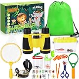 MUOIVG Kit de Exploración para Niños 23 en 1, Juego de Explorador para Niños, prismáticos, Silbato, Brújula, Lupa, 12 Arañas Plasticas, Aire Libre Juguetes, Regalo de Cumpleaños 3-12 años