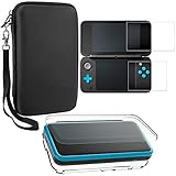 Estuches protectores para Nintendo New 2DS XL con protectores de pantalla, AFUNTA 1 estuche transparente y 1 estuche de EVA para consola 2DSXL, con 2 piezas de películas de vidrio templado antiarañaz