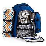 CampFeuer Mochila de Picnic con 32 Piezas para 4 Personas | Color Azul | Incl. Portabotellas, Manta de Picnic, Compartimento Nevera y Utensilios de Camping | Mochila Nevera Isotérmica