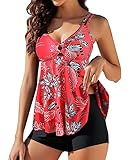 Genfien Tankinis Traje de Baño Mujer Push Up Swimwear Beachwear Bañador de 2 Piezas Mujer con 2 Tirantes Ajustable Estampado Floral para Playa Vacación Natar Boyshort Bañador