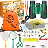 Frasheng Kit de Exploración para Niños 28 en 1, Juego de Explorador para Niños, prismáticos, Silbato, Brújula, Lupa, 12 Arañas Plasticas, Aire Libre Juguetes, Regalo de Cumpleaños 3-12 años