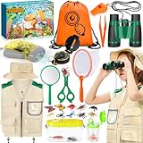 POWZOO Kit de Exploración para Niños 21 en 1,Juego de Explorador para Niños,con Ropa,Sombreros,Binoculares,Lupa y más,Es un Excelente Regalo de Aventura y Exploración de la Naturaleza para los niños.