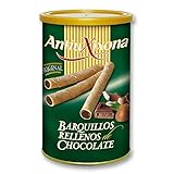 Barquillos de Chocolate, caja de 2,4 KG - Pack de latas de Barquillos (12 latas x 200 gramos) - Barquillo de galleta crujiente, relleno de intenso y cremoso chocolate. Antiu xixona Receta Original.