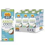 ISOLA BIO - Pack de 6 Unidades de 1 L de Bebida Ecológica Vegetal de Arroz y Coco - Sin Azúcar Añadido y Sin Gluten - Apto para Veganos - Ideal para Tomar Sola, con Café o en Batidos