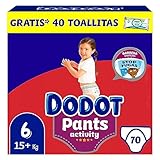 Dodot Activity Pants Pañal-Braguita Talla 6, 70 Pañales, 14kg - 19kg + 1 Pack de 40 Toallitas Gratis Cuiado Total, Pack Mensual