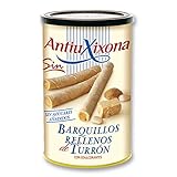 Barquillos de Turrón Sin Azúcares añadidos, Caja o Pack de 2,4 KG (12 latas x 200 G). Apto para Diabéticos – Barquillo de galleta relleno de Turrón Sin Azúcares añadidos. Antiu Xixona Receta Original.