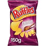 Ruffles Jamón, Patatas Fritas con sabor a jamón, Producto de Aperitivo, bolsa individual, 150gr