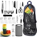 Berglander Juego de Utensilios de Cocina para Camping con Juego de Cubiertos y Plato, Tazas vajilla, Camping Accesorios Camper, Utensilios de Cocina para Acampada, para Picnic, Barbacoa y Camping