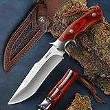 Omesio Cuchillo de supervivencia Cuchillo de caza de hoja fija enfundada Gran mango de madera Cuchillo de acero de una pieza para exteriores Ideal para acampadas y actividades al aire libre